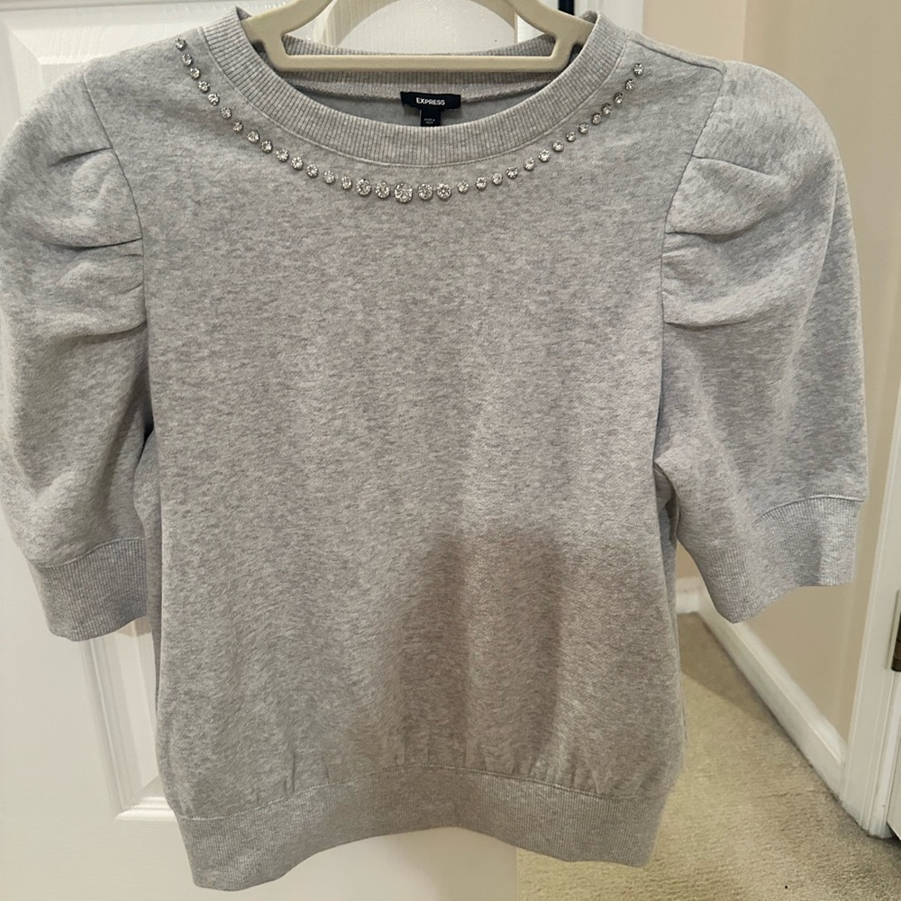 Express Light Gray Sweater with Rhinestone Detail